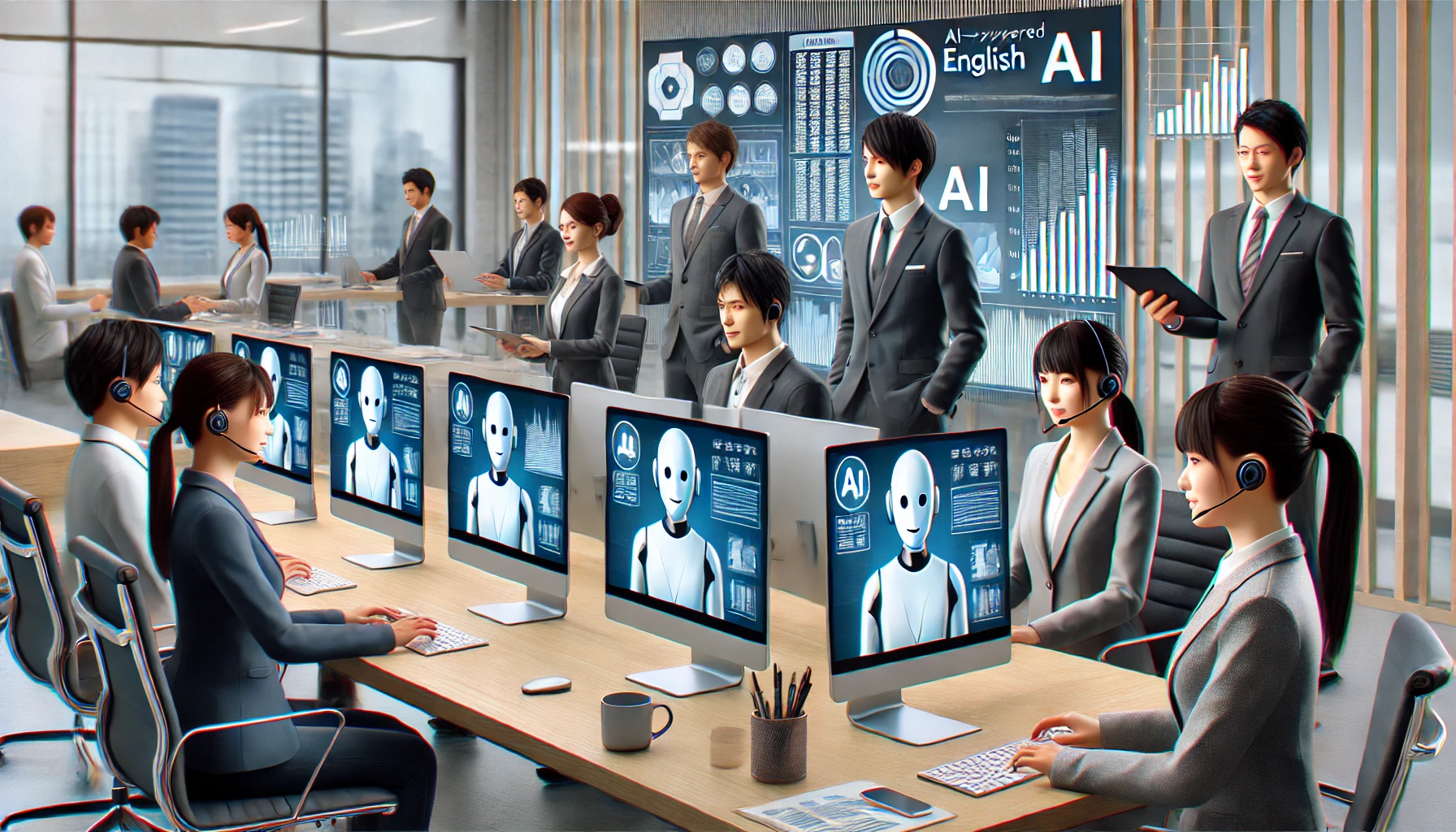 日本人ビジネスパーソンたちがAI英会話トレーニングに取り組む現代的なオフィス風景。タブレットやパソコンにAI講師が表示され、学習進捗が可視化されたダッシュボードが背景に映る。