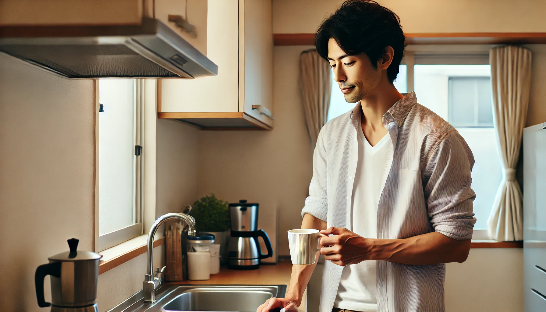 自宅のキッチンでコーヒーを淹れながら、日常動作を英語で独り言練習する日本人男性。行動実況を使った英会話トレーニングのイメージ。