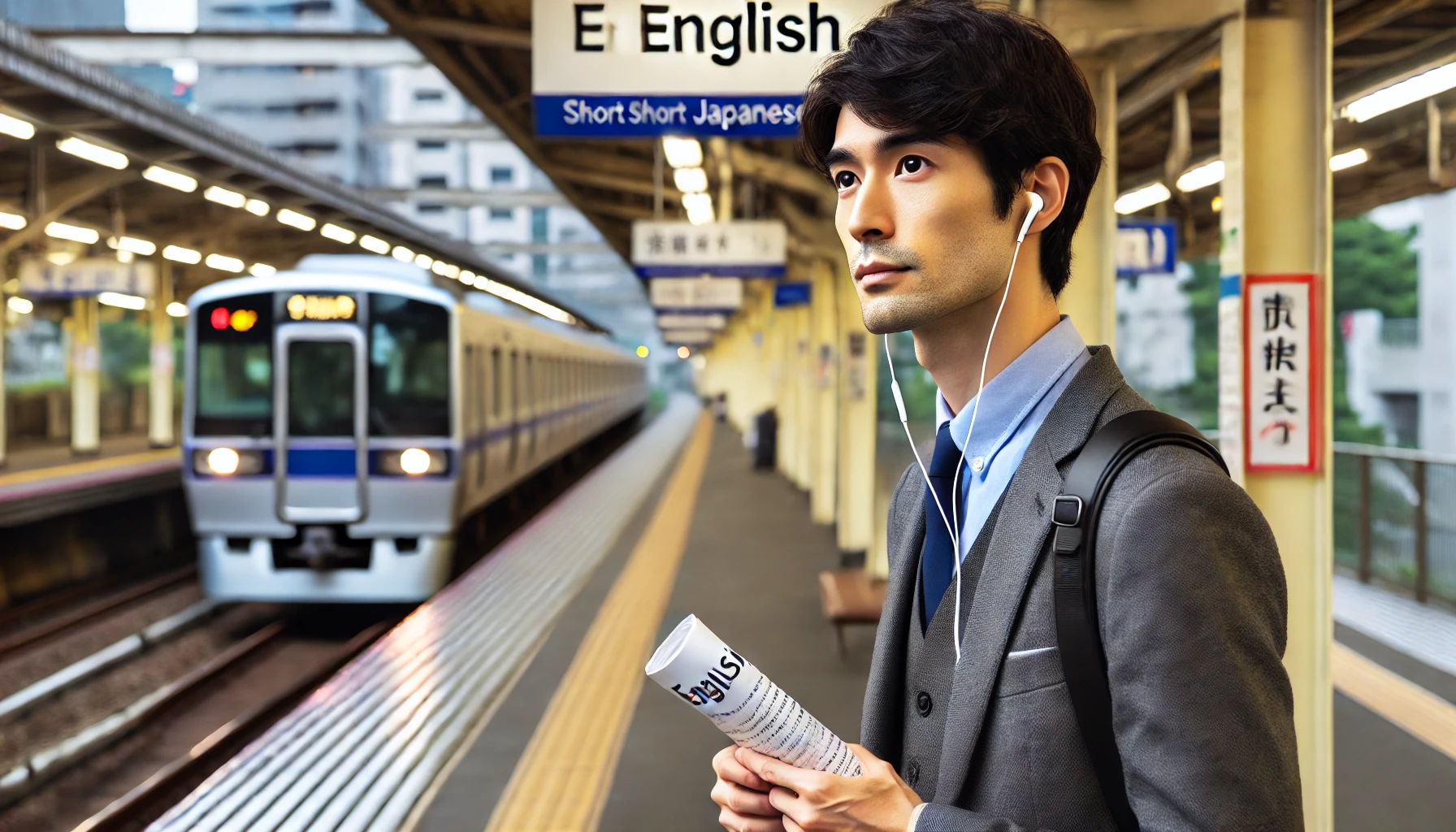 朝の駅ホームでイヤホンをつけ、通勤の合間に短い英語の独り言練習をする日本人男性。忙しい日常に英会話を組み込む習慣化の例。