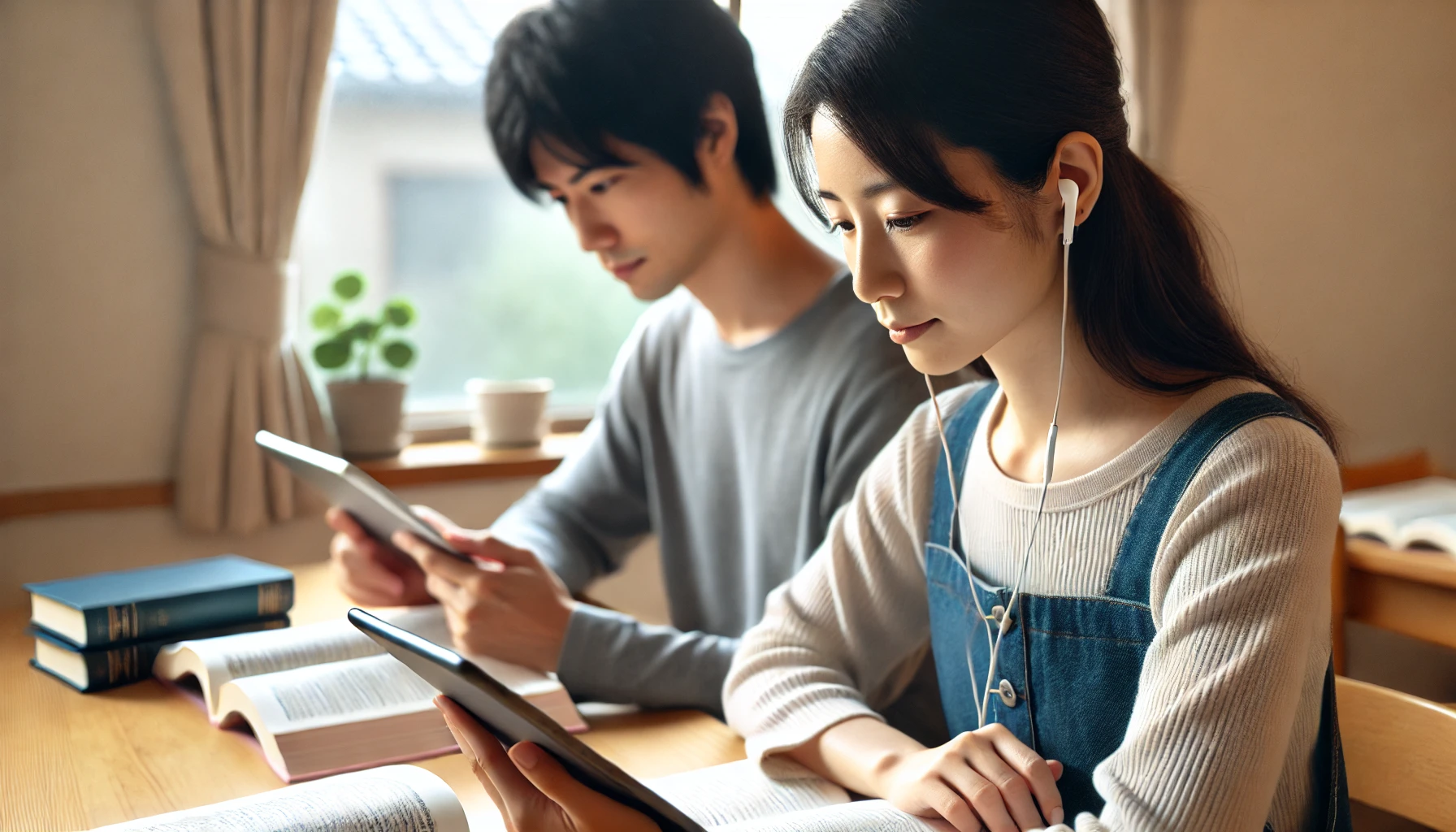 日本人学習者2人が英語の音読とシャドーイングをそれぞれ練習している様子。明るい学習空間で落ち着いてトレーニングしている。