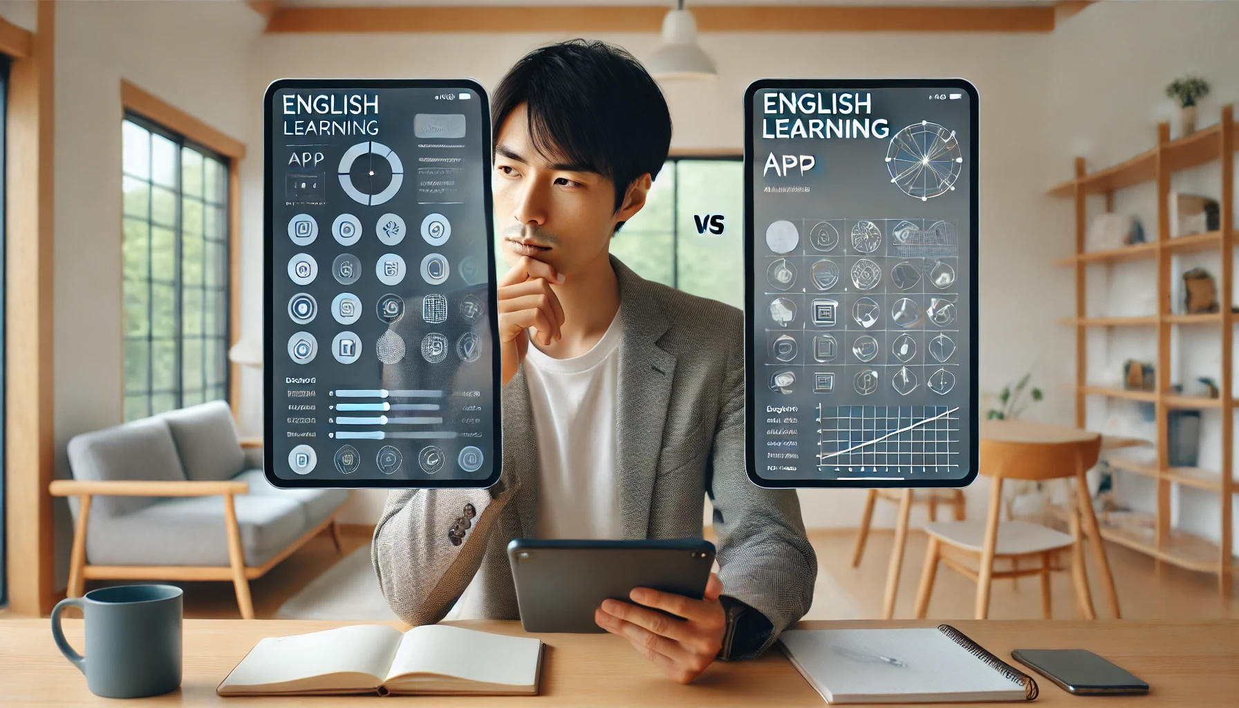 複数の英会話アプリを比較検討する日本人男性の様子