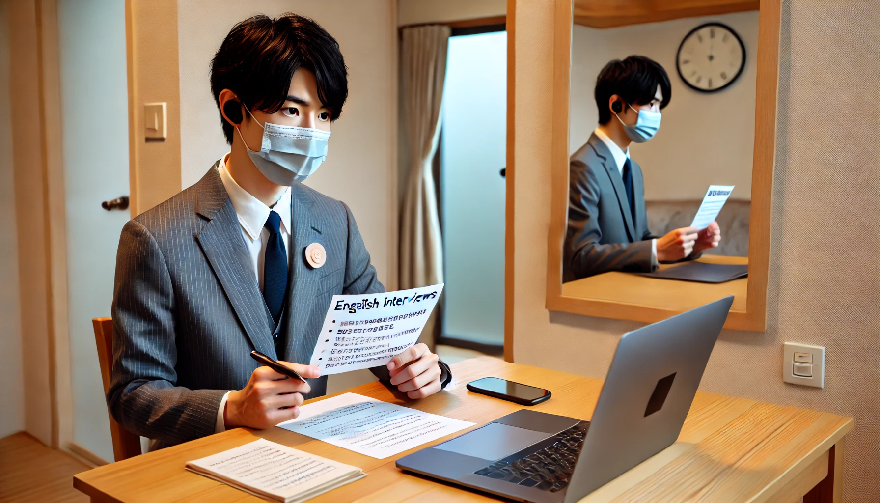 日本人の求職者が自宅で英語面接の練習をしている様子。ノートパソコンの前で姿勢良く答えを話し、手元には想定質問のメモやキューカードが並ぶ。鏡を使って表情やアイコンタクトも確認しており、真剣な表情で準備を進めている。