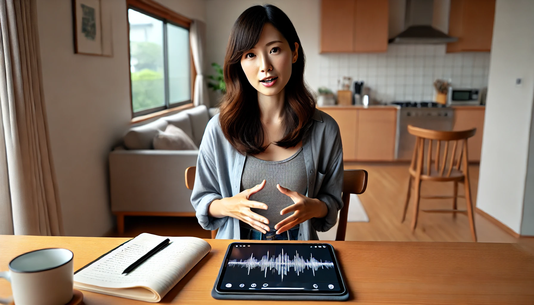 タブレットの音声波形を見ながら発音練習をする日本人女性のイメージ