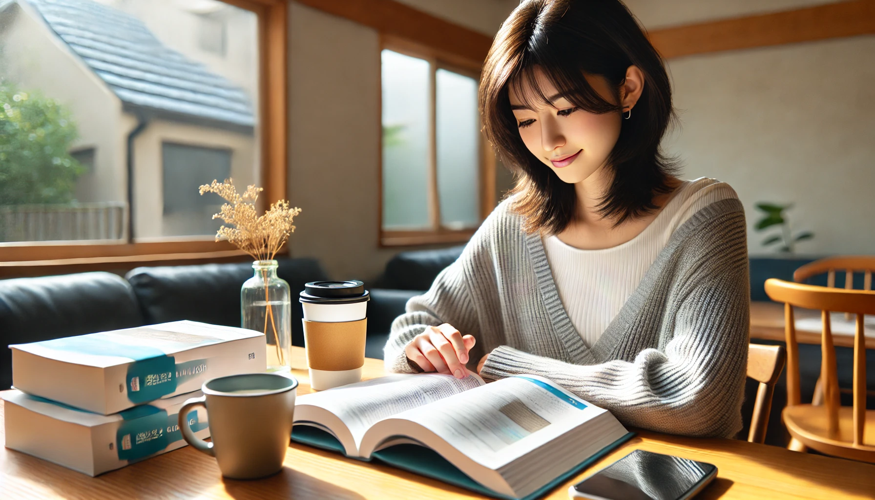 週末にコーヒーを飲みながら英語テキストを軽く読む日本人学習者の様子