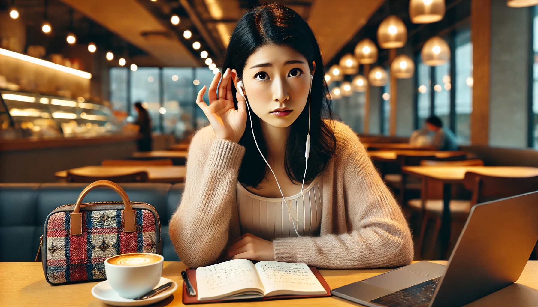 カフェでイヤホンをつけ英語リスニングに集中する日本人女性学習者