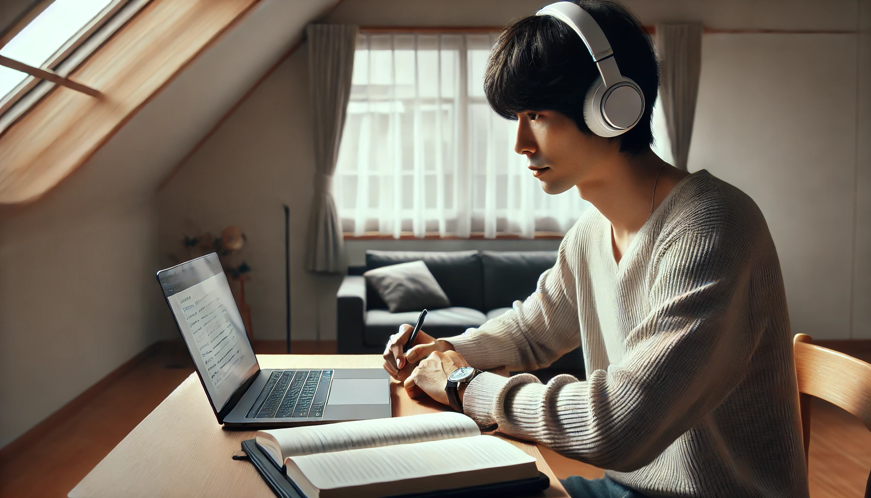日中の静かな部屋でヘッドフォンをつけて英語のリスニング学習に集中する日本人の大人。ノートとノートパソコンを使いながら、実践的な自宅学習の様子をリアルに描写。