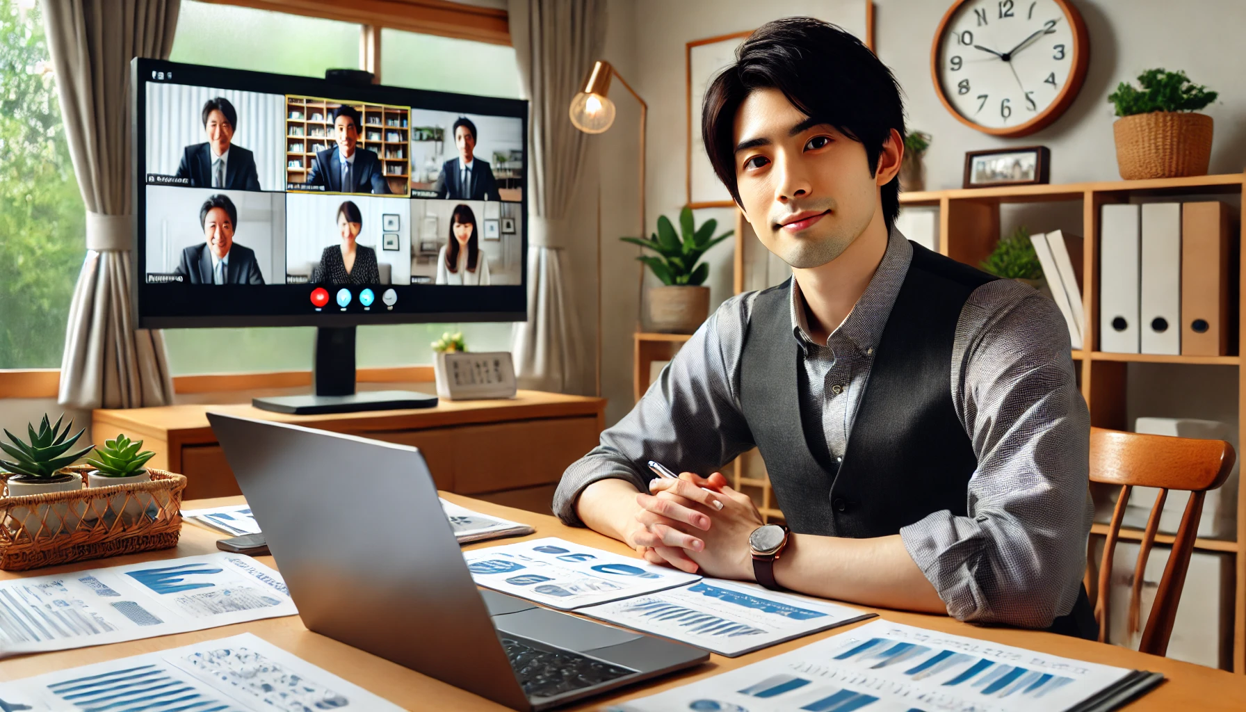 日本人ビジネスパーソンが自宅のホームオフィスでオンライン会議に参加し、スケジュール調整や進捗報告など構造化された英語コミュニケーションを自信を持って行っている様子。