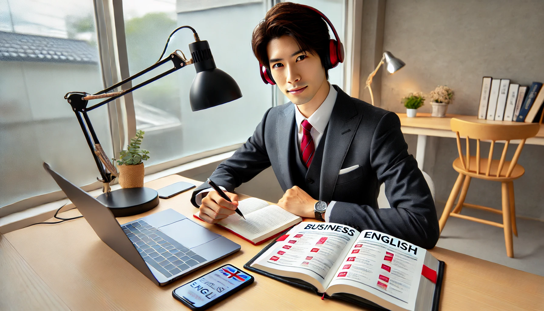 落ち着いた雰囲気のオフィスで、若い日本人が真剣な表情で英語学習に取り組んでいる。語順練習や音読に集中している姿が描かれている。