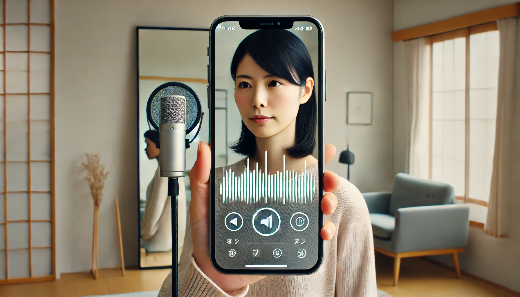 日本人女性がスマートフォンを使って英語発音練習をしているシーン