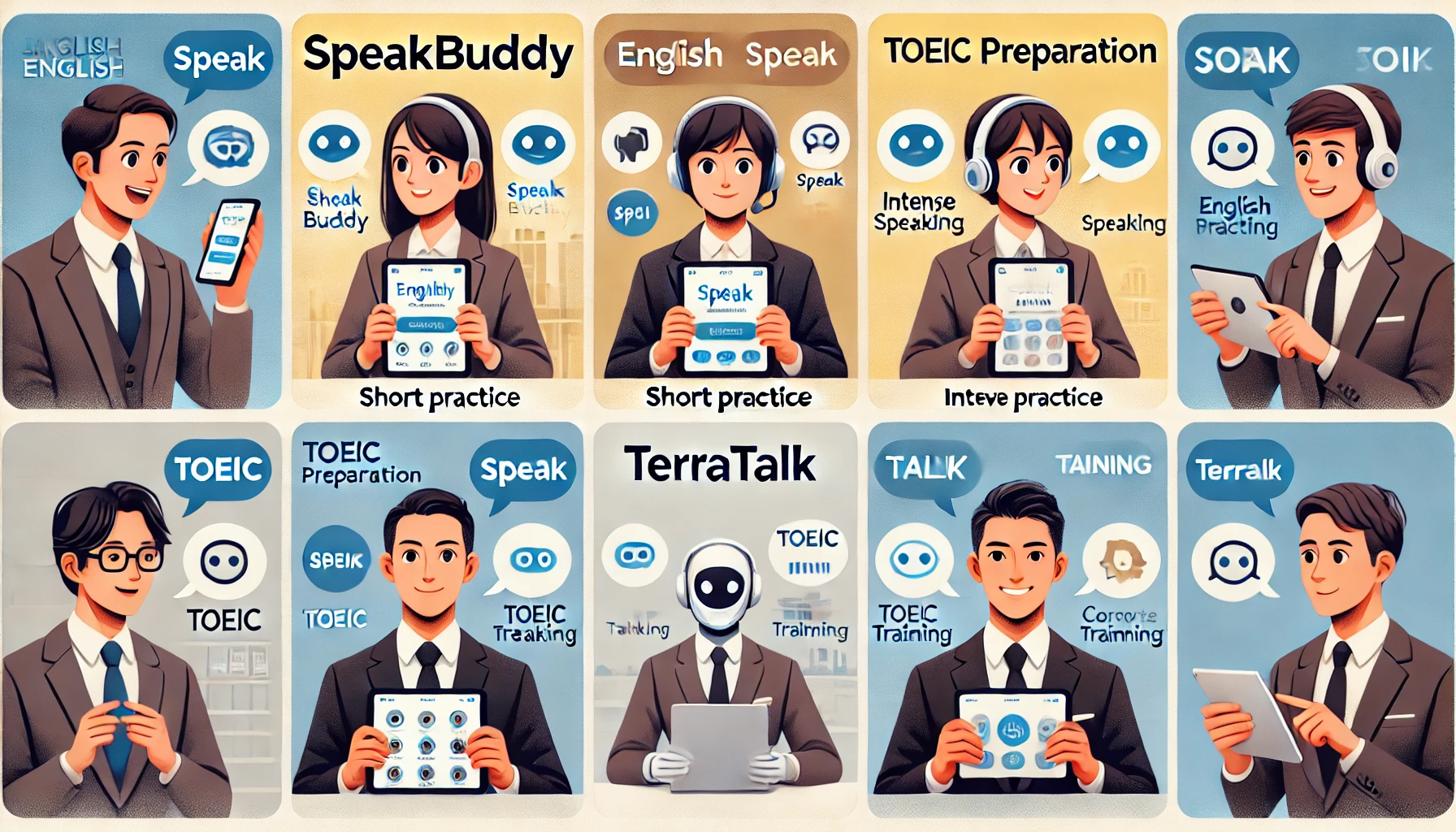 日本人ビジネスパーソンが4種類のAI英会話アプリ（SpeakBuddy、Speak、Cooori、TerraTalk）を異なる学習目的で利用している様子を4分割で描いた比較イメージ。短時間練習、集中会話、TOEIC対策、法人管理を象徴する構成。