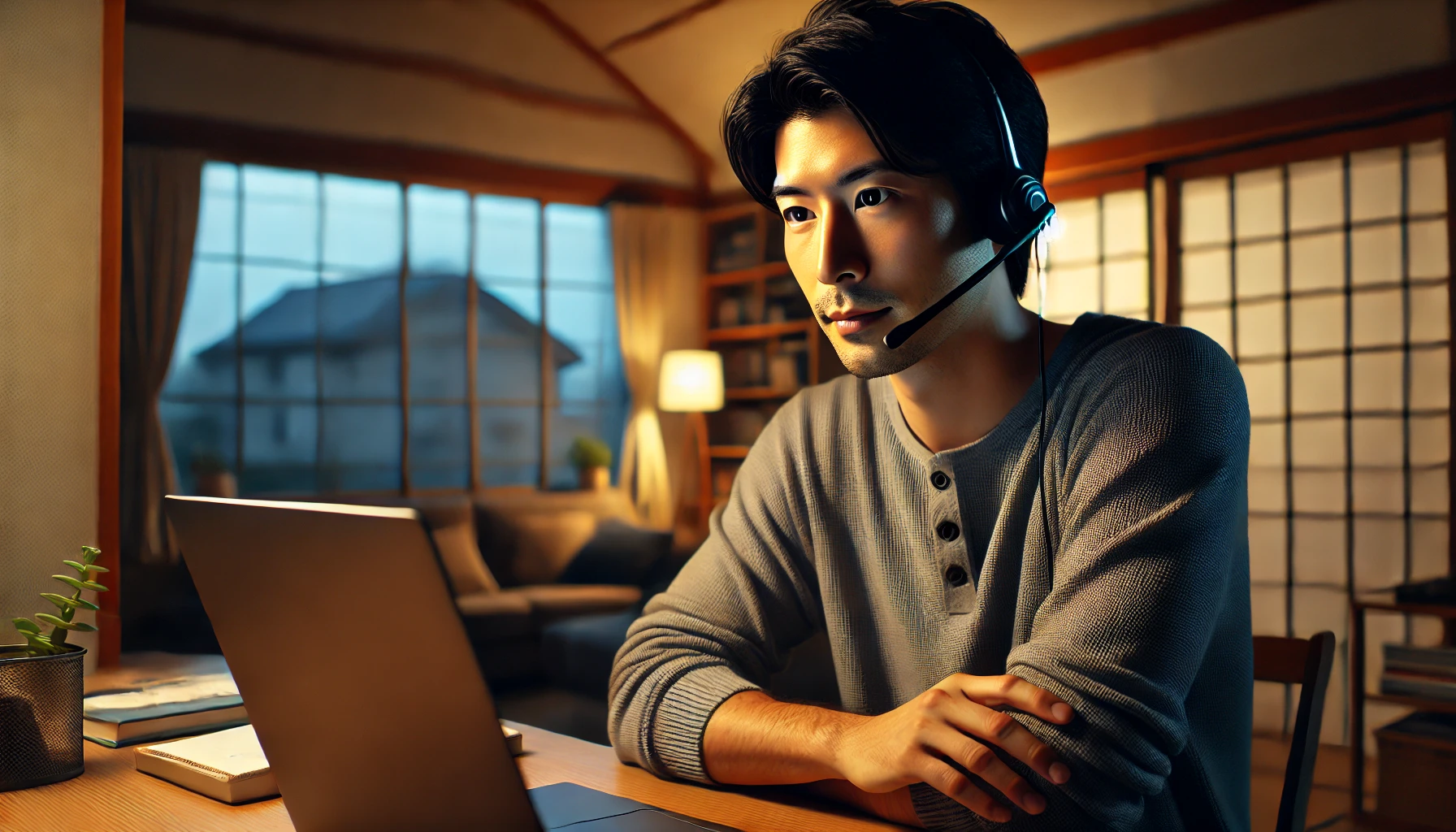 自宅でオンライン英会話レッスンを受講する日本人社会人の学習風景