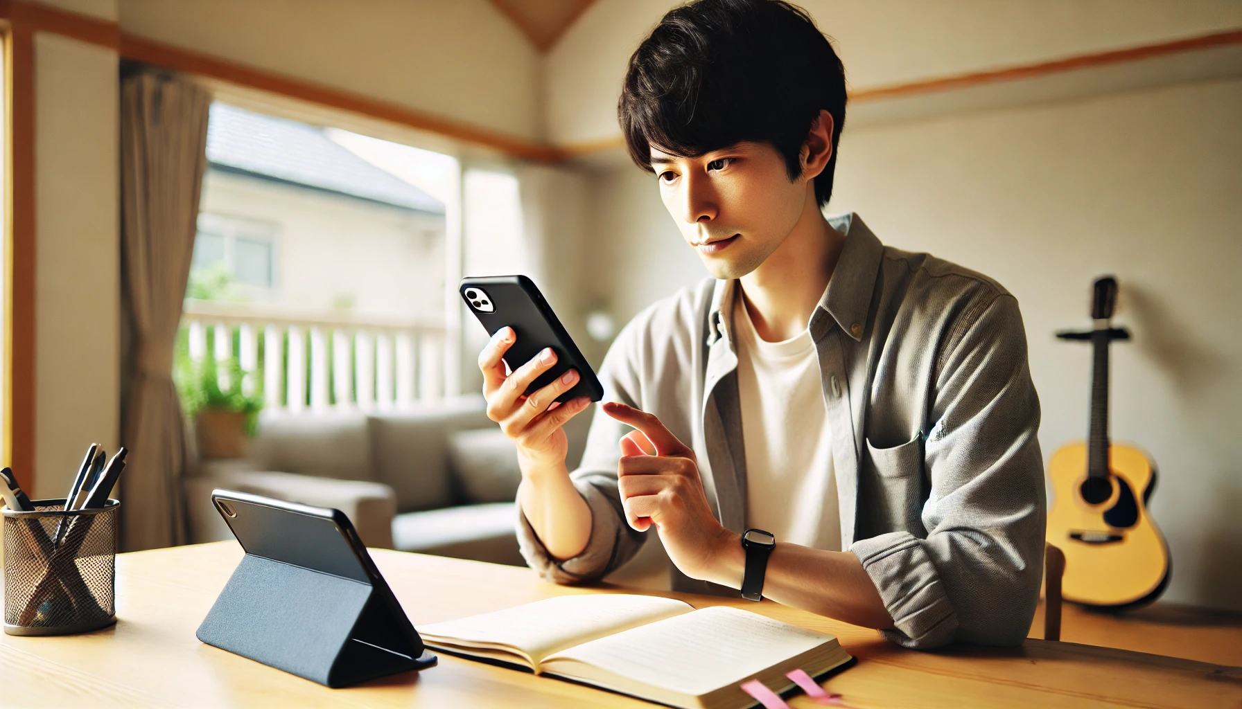 英会話ぜったい音読アプリを使って自宅でスマホ音読学習を行う日本人学習者の様子