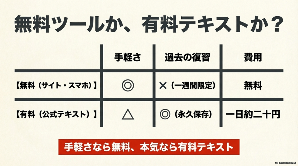ラジオ英会話の無料ツール(サイト・スマホ)と有料公式テキストの比較表。手軽さ、復習のしやすさ、費用の違いを解説。