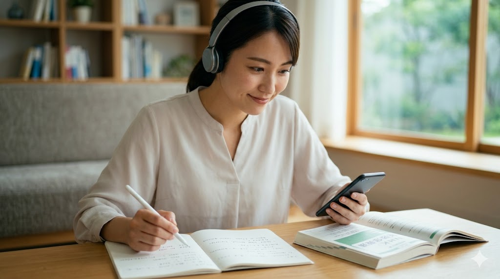 晴れた日のリビングで、リラックスしながらNHKラジオ英会話のテキストとノートを広げ、スマートフォンで音声を再生しながら学習を継続する笑顔の日本人女性。