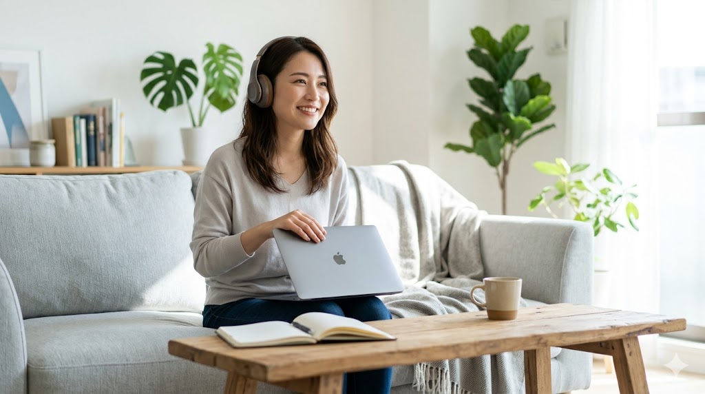 自分にぴったりのスクールを見つけ、晴れやかな表情でオンライン英会話のレッスンを終えた日本人女性。