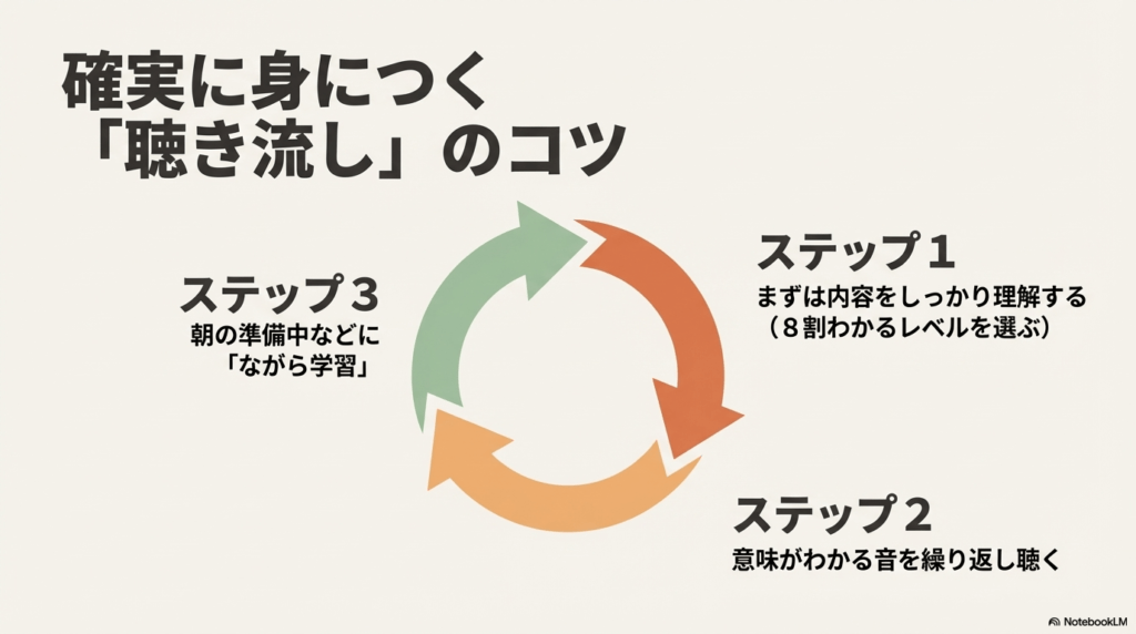 内容理解、反復、ながら学習という、英語の聞き流し効果を最大化するためのステップ解説
