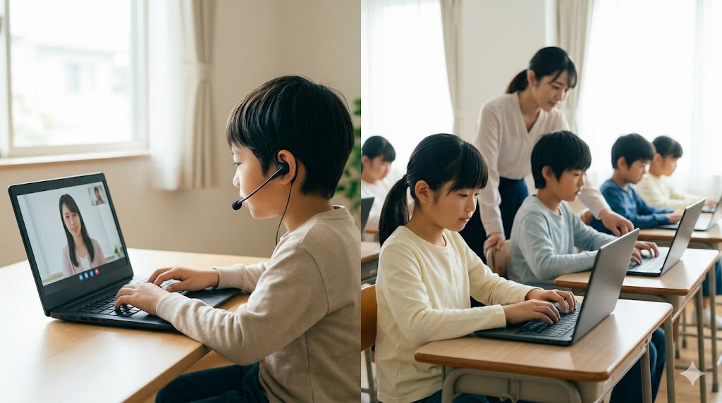 アクティメソッドのオンライン校（自宅受講）と対面教室（通塾）の学習環境の比較。それぞれのメリットを視覚化。