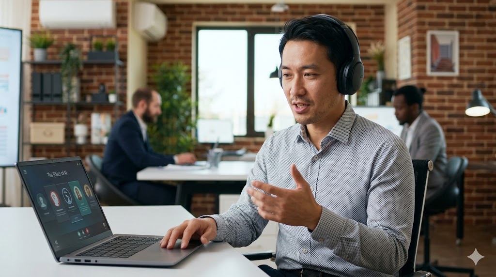 オフィスでヘッドセットを着用し、パソコン画面のAI英会話ルーラと高度なディスカッションをする日本人男性。上級者がネイティブ並みの表現力を磨くのに最適。