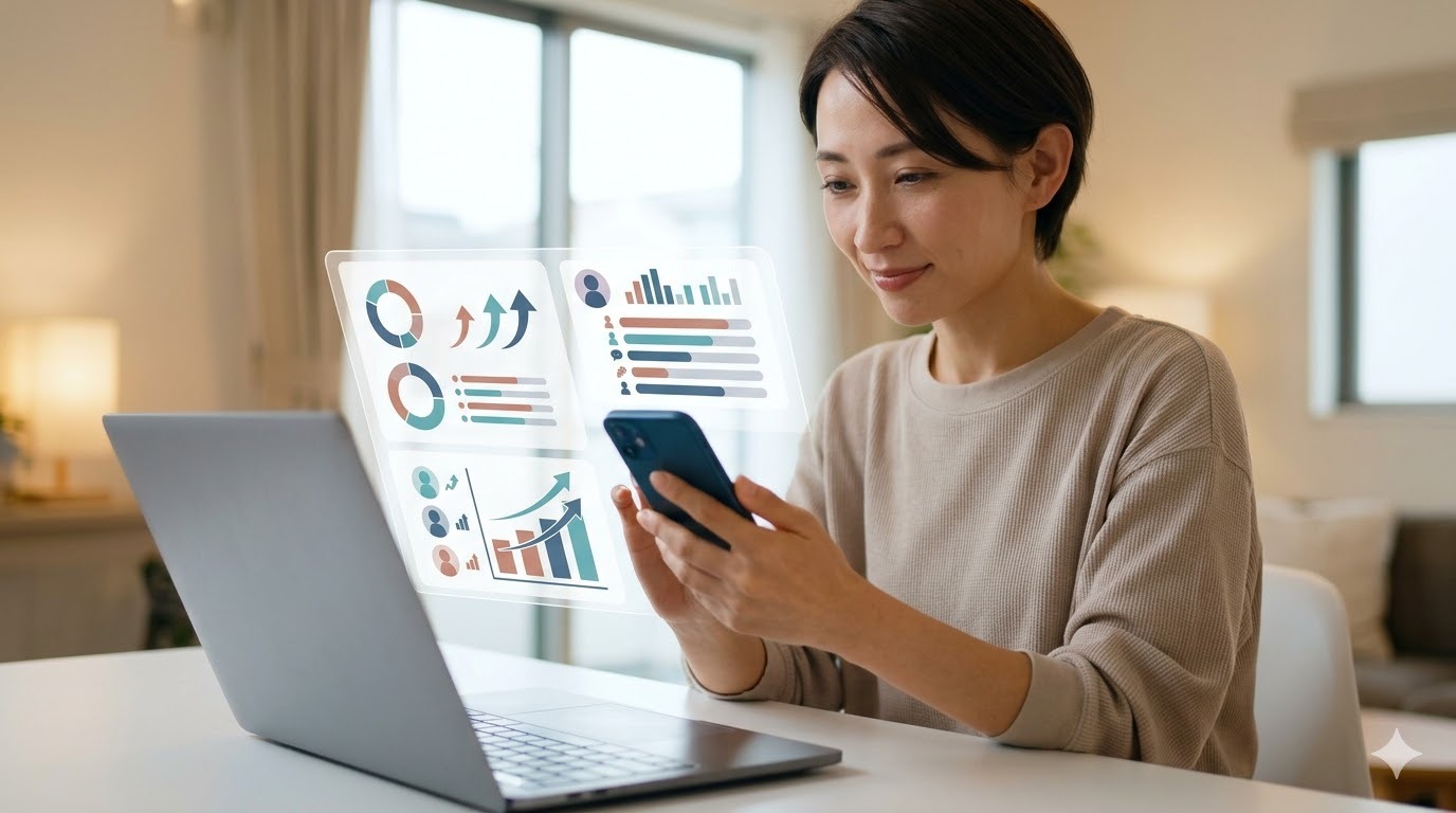 スマートフォンを手に、自身の学習データのダッシュボード画面を見つめる日本人女性。画面には、学習時間のグラフや学習語数などの統計データが可視化されている。彼女の表情は自信に満ち、着実な上達を感じている様子を表現。