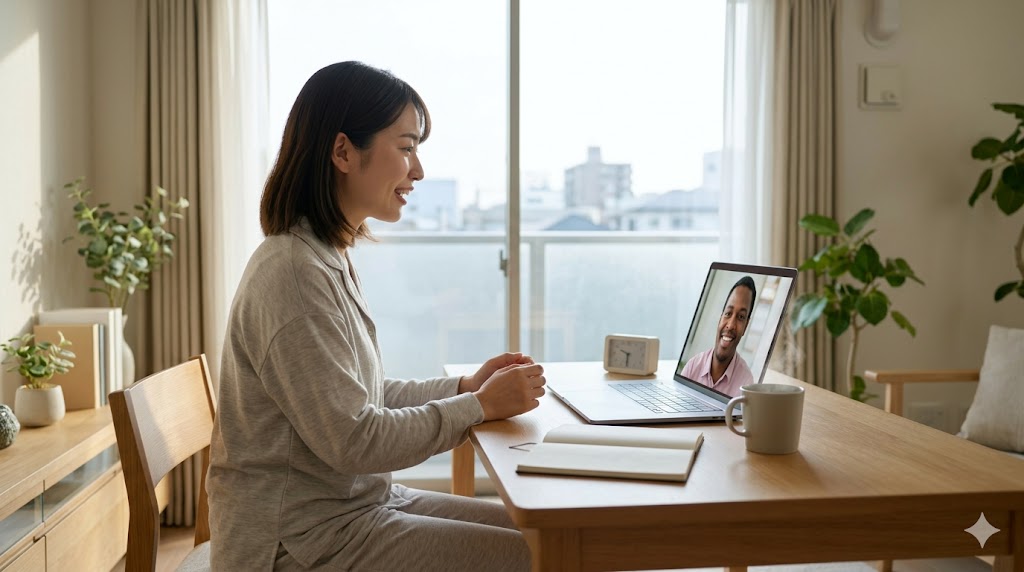 窓から朝日の差し込むリビングで、笑顔で多様な講師とオンライン英会話をする日本人女性。デスクにはコーヒーとノート。24時間対応スクールを早朝に活用している様子。