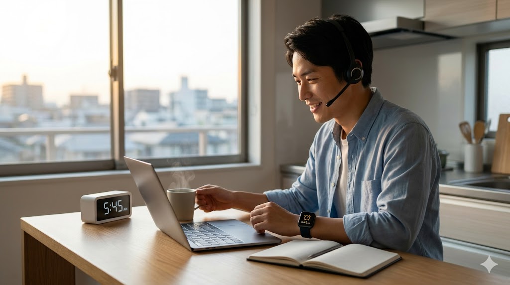 夜明けのキッチンで、ノートパソコンとスマートウォッチを使いオンライン英会話レッスンを受ける日本人男性。コーヒーとノートが置かれたデスクで集中している様子。早朝の快適な学習環境。
