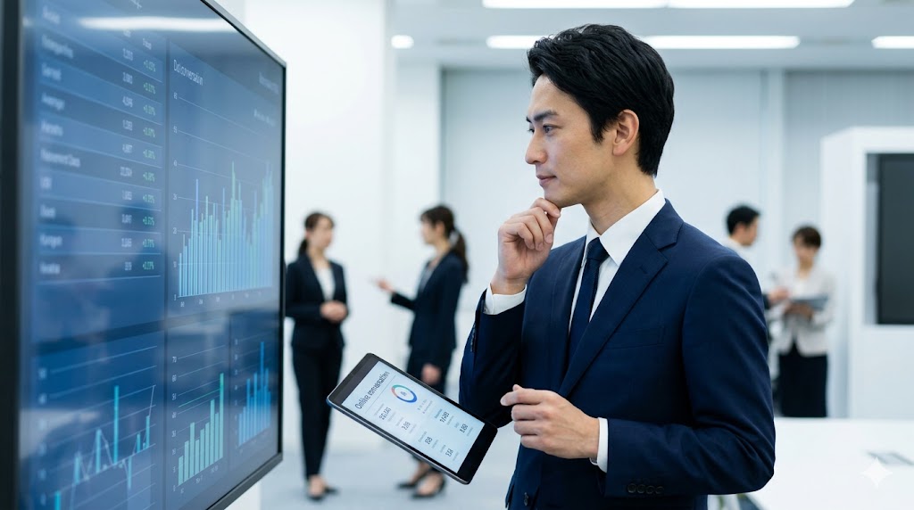 ビズメイツのレベルとTOEICスコアの相関図を意識し、データを確認する日本人ビジネスマンの様子。オンライン英会話の指標とTOEICの目標値を対比させるビジネスイメージ。