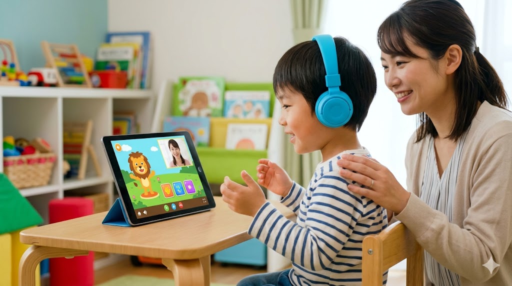 母親と一緒に、ゲーム要素を取り入れた楽しいキッズ向けオンライン英会話教材で学ぶ日本の男の子。