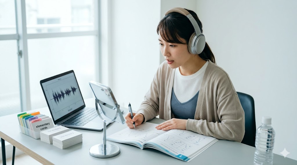 ヘッドフォンを着用し、鏡を見て発音練習をしながら英会話の基礎固めを徹底する日本人女性。