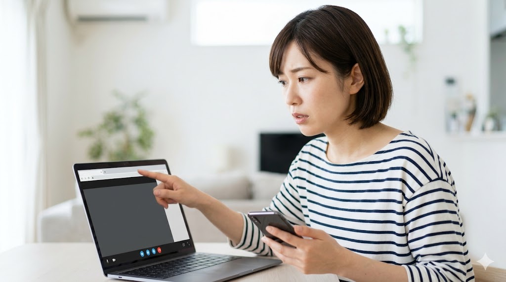 自宅でネイティブキャンプのレッスンを開始しようとするもカメラが映らず、ブラウザのアドレスバー付近を確認して設定トラブルに対処する、少し不安げな日本人女性。