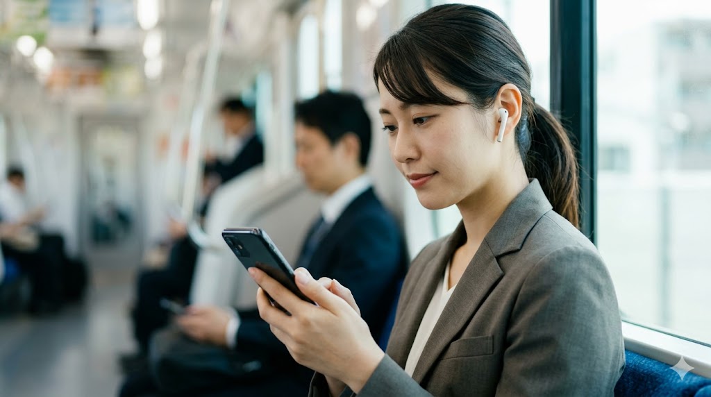 通勤電車内でワイヤレスイヤホンを装着し、スマートフォンで英語学習アプリを操作する日本人の社会人女性。