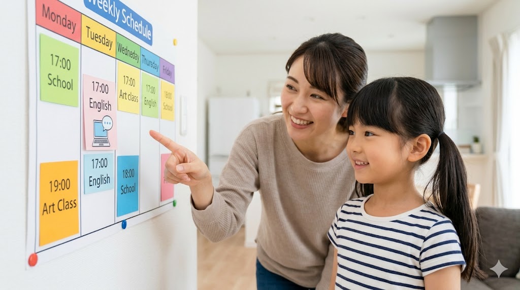 壁に掛けられた週間スケジュール表の「火曜 17:00 英語」の欄を楽しそうに指差す日本の子供と母親。