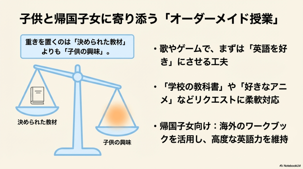 教材よりも子供の興味を優先し、歌やゲーム、アニメ、帰国子女向けワークブックを活用する柔軟な授業スタイル。