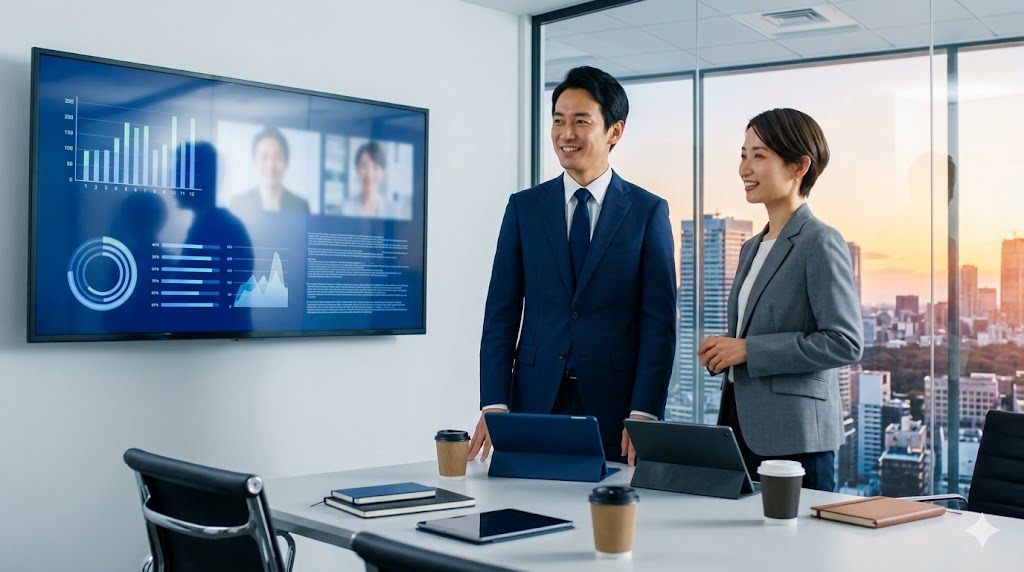 ビズメイツ Level3で培った「実践的な運用力」とTOEICハイスコアを併せ持ち、グローバルなビジネス現場で自信を持って活躍する日本人ビジネスパーソンの理想の姿。交渉やマネジメントを円滑にこなすイメージ。