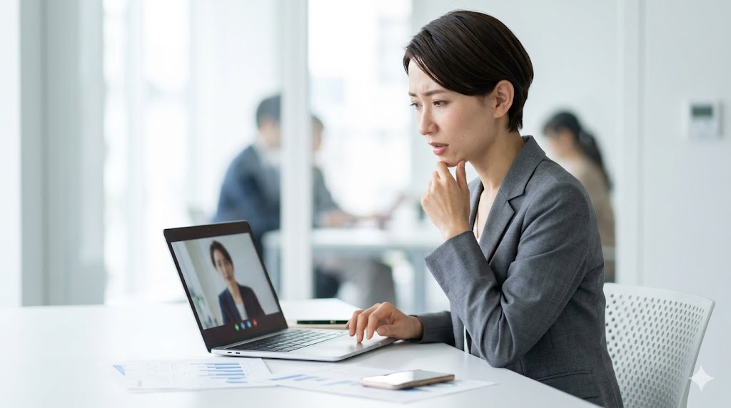 ビズメイツの厳しいレベルチェックを受ける日本人女性ビジネスパーソン。オンライン面接形式のテストに緊張しながら回答する様子。TOEICハイスコア保持者でも難易度が高いことを示唆。