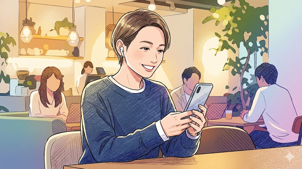 カフェでスマートフォンを使い、ワイヤレスイヤホンでAI英会話アプリ「スピークバディ」のレッスンを受ける笑顔の日本人女性のアニメイラスト。集中して楽しそうに学習している様子。