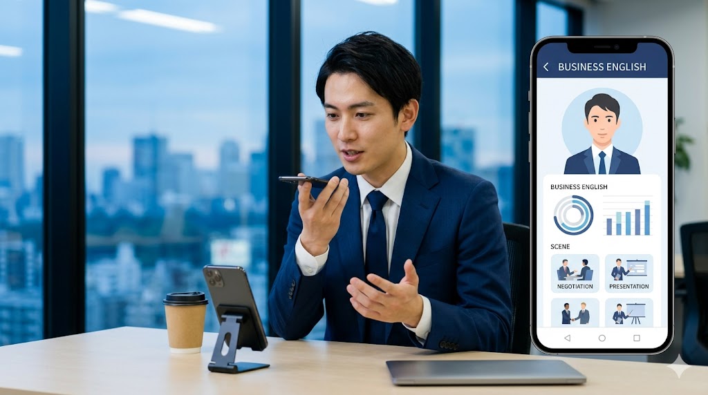 東京のオフィスで、日本人ビジネスマンがスーツ姿でスマホに話しかけ、ビジネス英語のAI英会話練習をしている。プレゼンテーションや交渉のシーンを想定した実践的な学習環境。