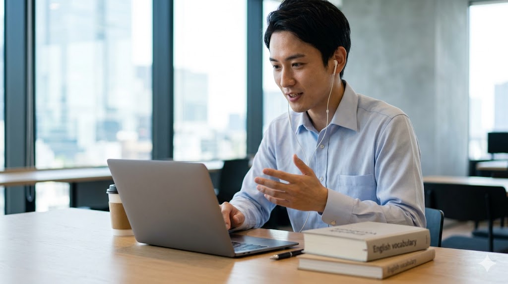 ビジネスシーンで使える英語表現を習得し、自信を持ってWeb会議に臨む日本人男性。机の上にはビジネス英語に特化した単語帳と参考書が置かれている。