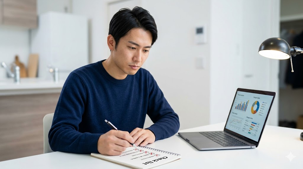 自宅のデスクで、真剣な表情で英会話ができない原因を客観的に自己分析し、チェックリストに記入する日本人男性。