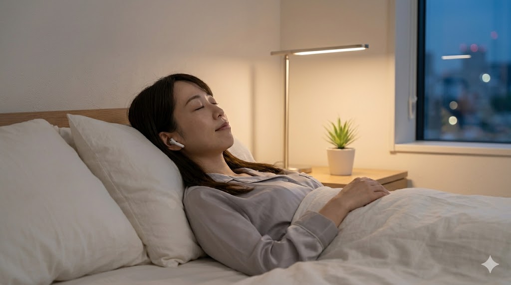 暖かな間接照明に包まれた落ち着いたベッドルームで、ベッドサイドテーブルにワイヤレスイヤホンとランプが置かれた、静かで平和な夜の風景。