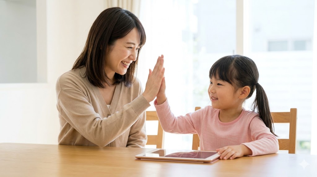 無料体験レッスンを終え、満足げな表情でタブレットを閉じ、母親と笑顔でハイタッチをする日本の子供。
