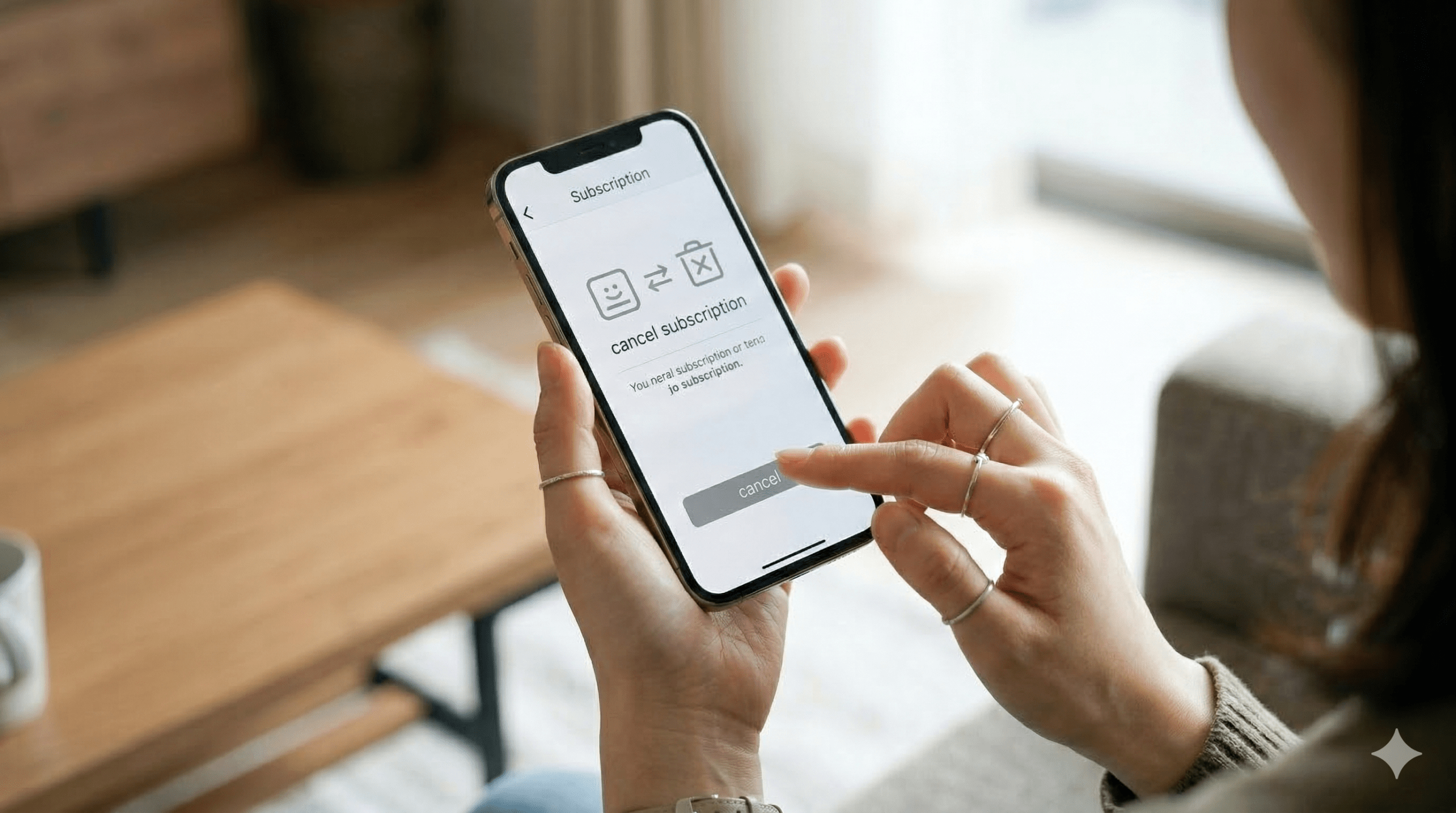 スマートフォンの画面を見ながら、アプリのサブスクリプション解約手続きを確認している日本人女性の手元。
