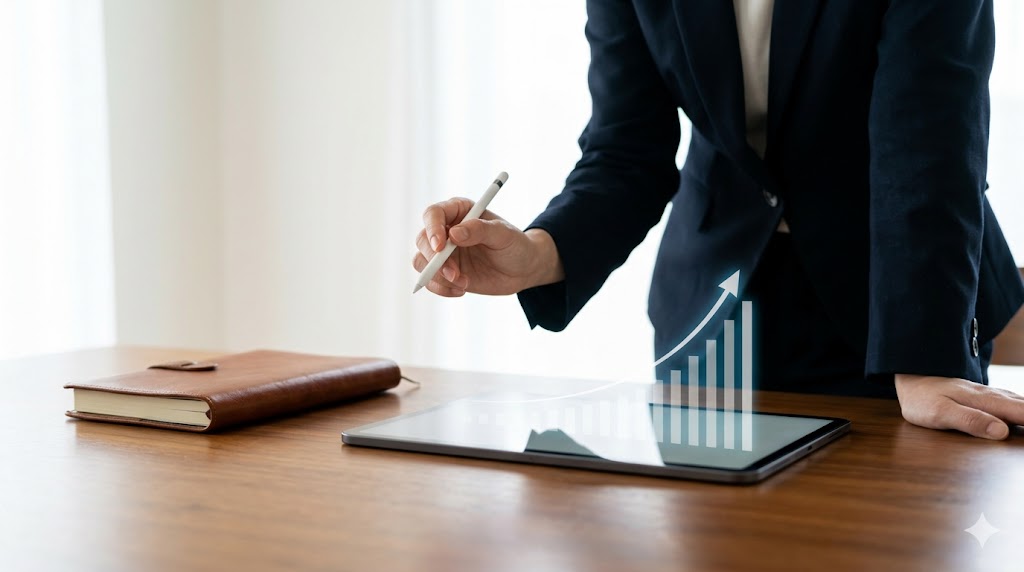 洗練されたオフィスで、タブレットに表示された上昇志向の投資グラフを見つめ、TEPPEN ENGLISHへの自己投資の価値を確信する日本人女性ビジネスパーソン。