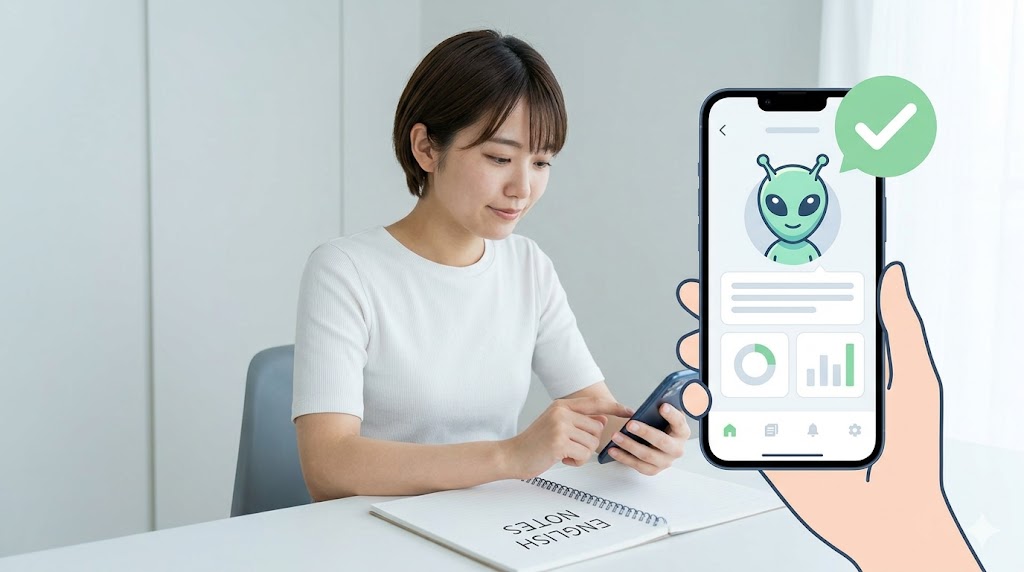 日本人の英会話初心者が、自宅でスマホのAI英会話アプリをリラックスして使っている。画面にはシンプルなUIが表示され、初心者に優しい設計であることを示唆している。