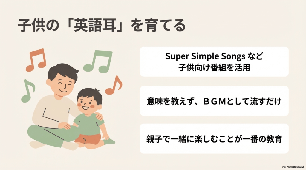 親子で楽しみながら、BGMとして子供向け英語番組を流し聴く教育方法のポイント