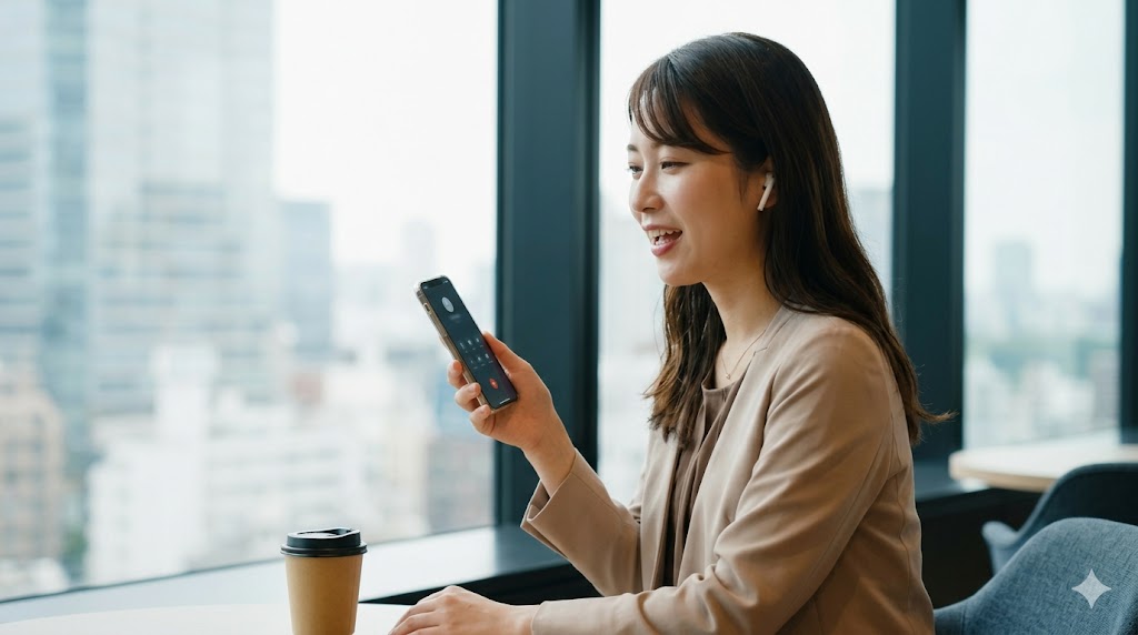 コワーキングスペースのラウンジで、スマートフォンを使ってリラックスしながらAI英会話アプリと英会話練習をする日本人女性。