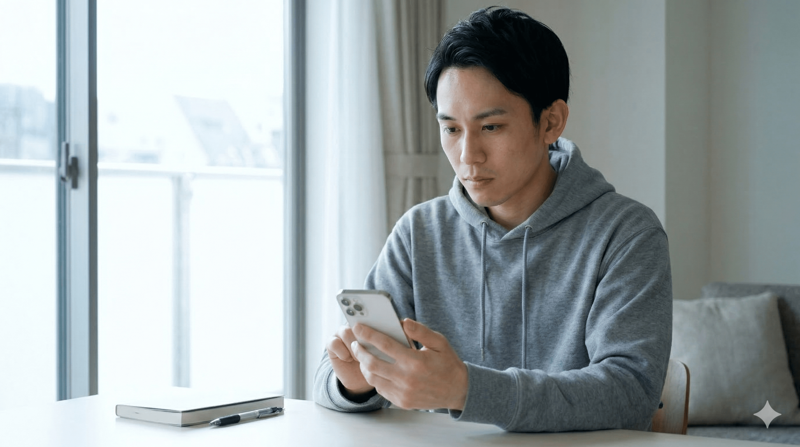 自宅のデスクで、真剣な表情でスマートフォンを持ち、AI英会話アプリの無料体験をしている日本人男性。