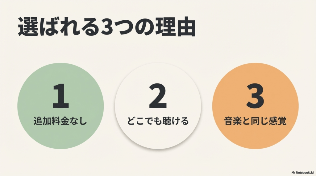 追加料金なし、オフライン再生可能、音楽と同じ感覚で聴けるといったAmazon Musicの学習メリット