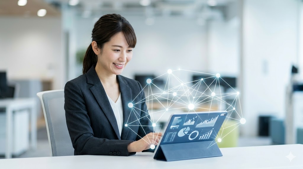 タブレットを使い、AIが生成した超個別最適化カリキュラムで効率的に学習する日本人女性ビジネスパーソンのイメージ。