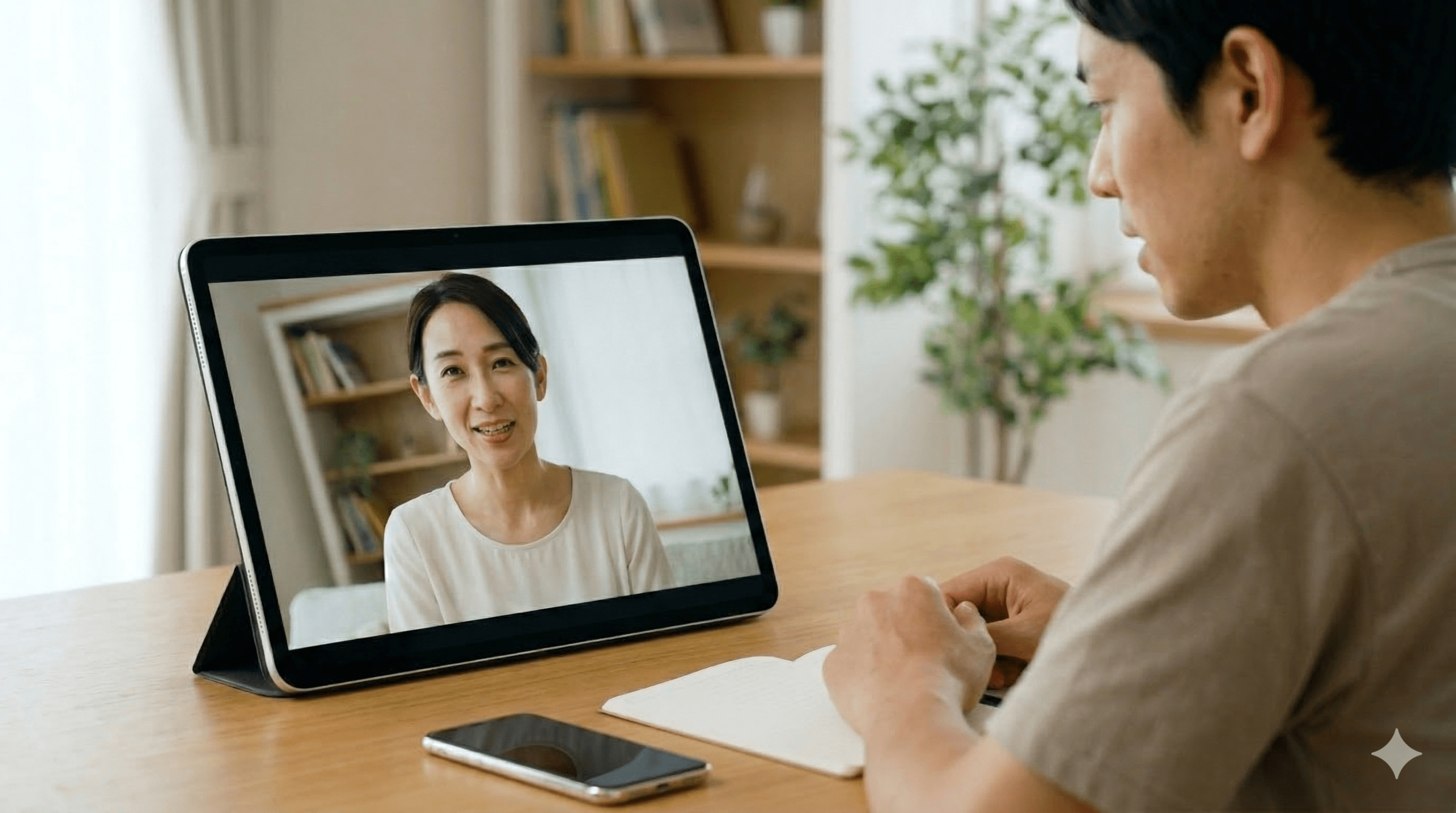 オンライン面談で、日本人男性受講生に対して優しく、かつ熱心にアドバイスを送る日本人女性英語コーチ。