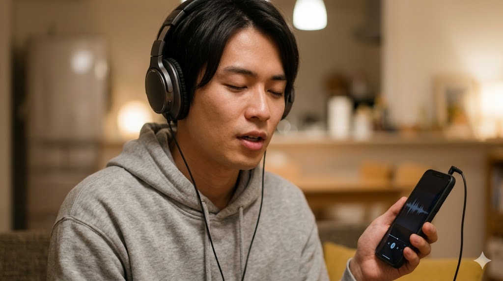 リビングで、スマートフォンで無料体験の添削結果を確認し、成長を実感してやる気に満ちた表情を見せるアジア人男性。